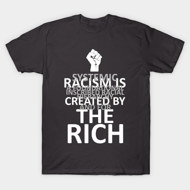 RACISM IS CREATED BY THE RICH (dark BG) T-Shirt by WallHaxx